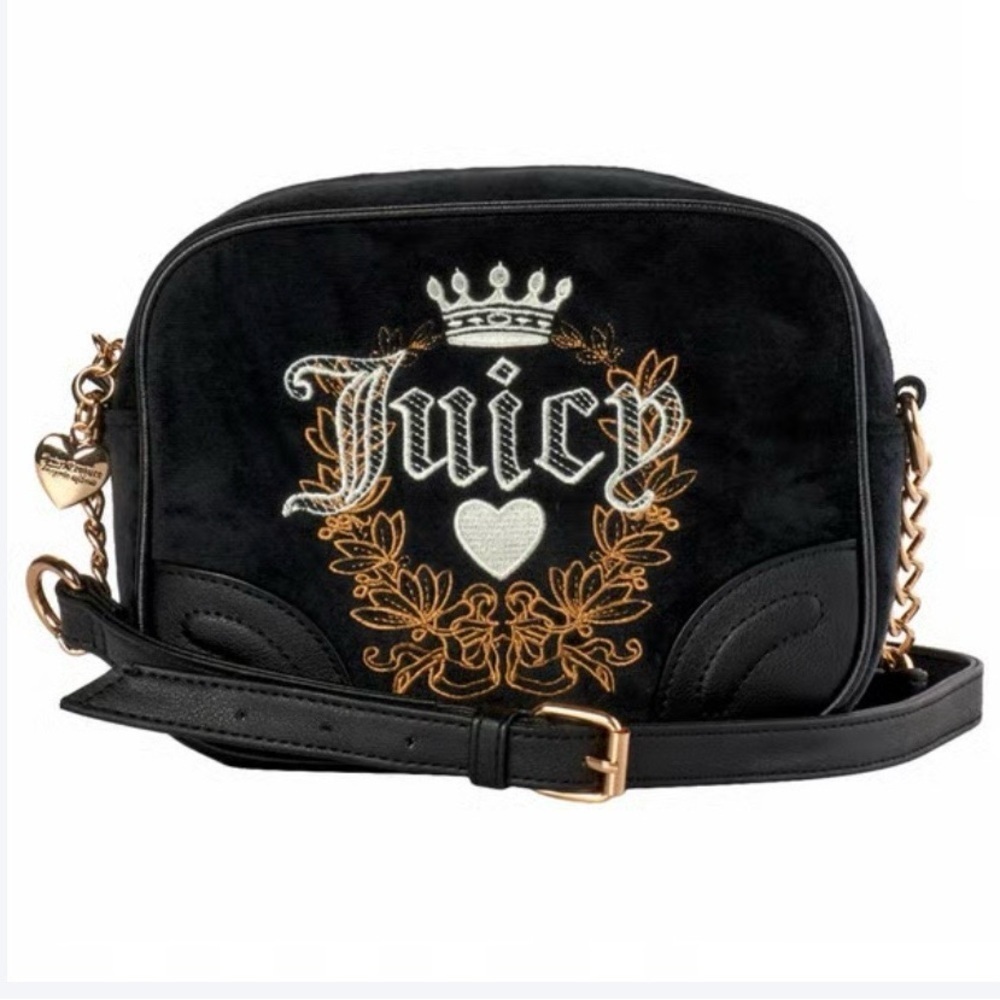 NWT Juicy Couture Black and Gold Heritage Embroidered Crossbody Bag